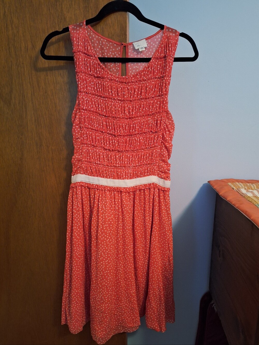 Final Price*Anthroplogie Postmark Coral White Polka Dot Mesh Ruched Dress Size M